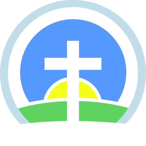 Cross with Sunrise in the background surrounded by a light blue circle